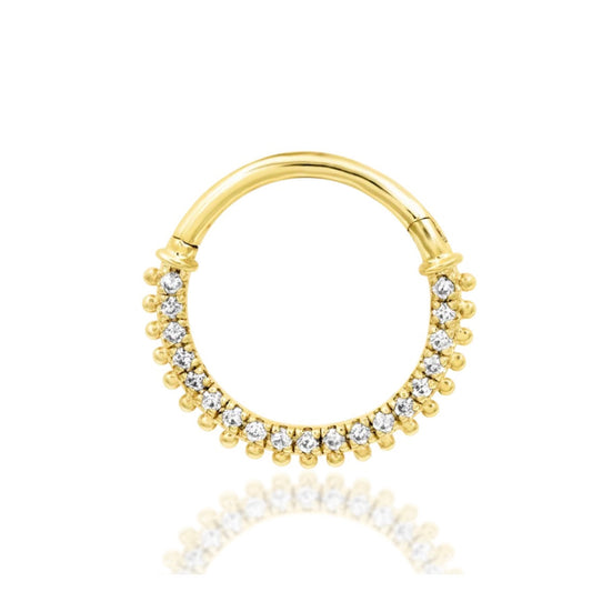 Solid gold beaded CZ septum ring in 14k yellow gold, featuring the double-row Junipurr Mimi design.
