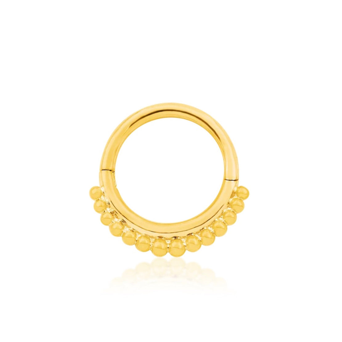 Solid gold beaded daith ring in 14k yellow gold featuring fourteen polished gold beads.