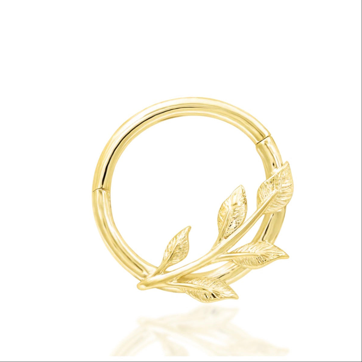 Solid gold branch daith ring in 14k yellow gold, featuring the botanical Junipurr Terra clicker design.