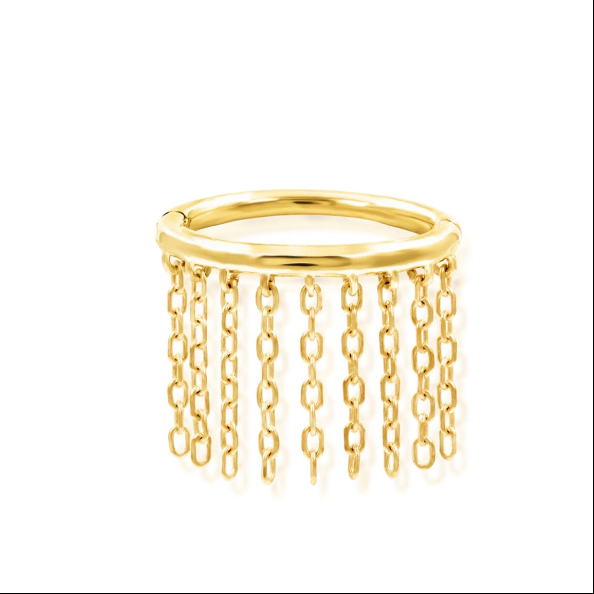 Solid gold chain clicker ring in 14k yellow gold featuring the cascading Junipurr Skylar chain design