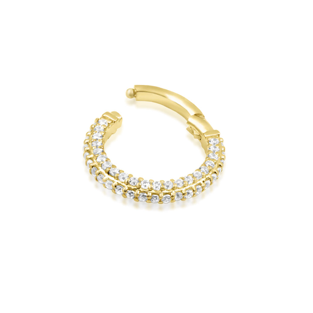 Solid gold CZ clicker ring in yellow gold with a full pavé row of brilliant white cubic zirconia.
