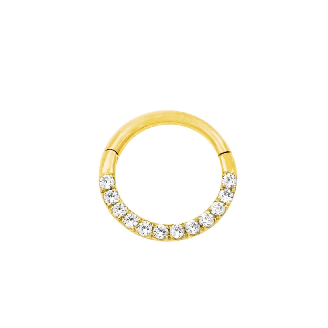 Solid gold CZ daith ring in 14k yellow gold, featuring the continuous clear cubic zirconia setting of Junipurr Halo.