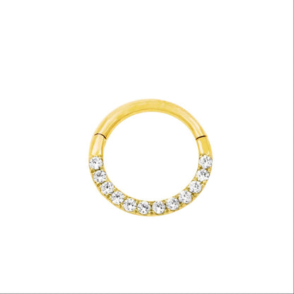 Solid gold CZ daith ring in 14k yellow gold, featuring the continuous clear cubic zirconia setting of Junipurr Halo.