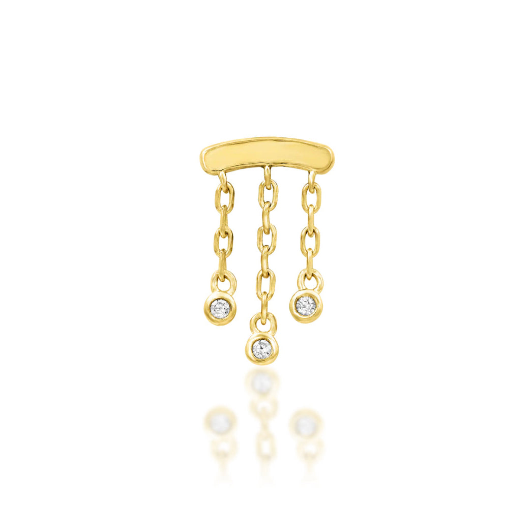 Solid gold CZ dangle cartilage earring in 14k yellow gold with three sparkling stones suspended from delicate chains.