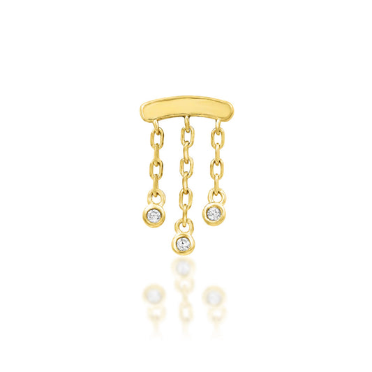 Solid gold CZ dangle cartilage earring in 14k yellow gold with three sparkling stones suspended from delicate chains.