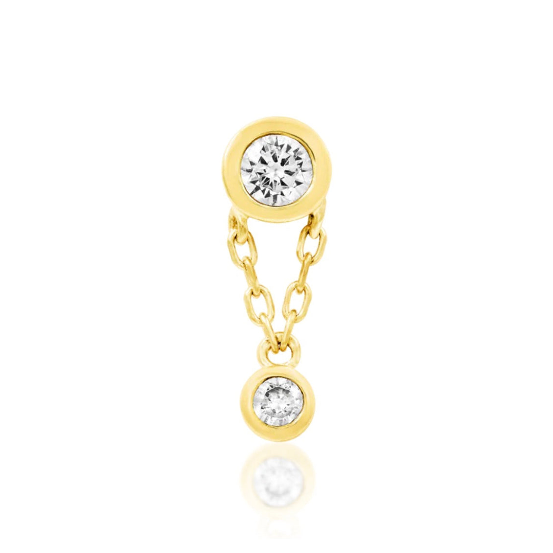 Solid gold CZ dangle earring in 14k yellow gold with two bezel-set clear gemstones and a fine chain.
