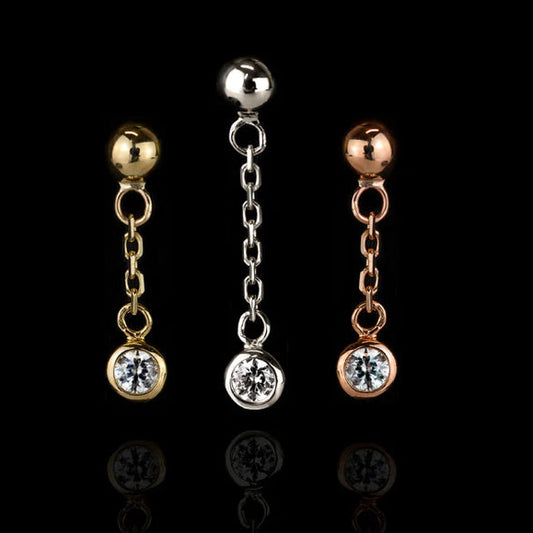 Solid gold CZ dangle earring in 14k yellow gold with a polished ball, fine chain and clear gemstone drop.