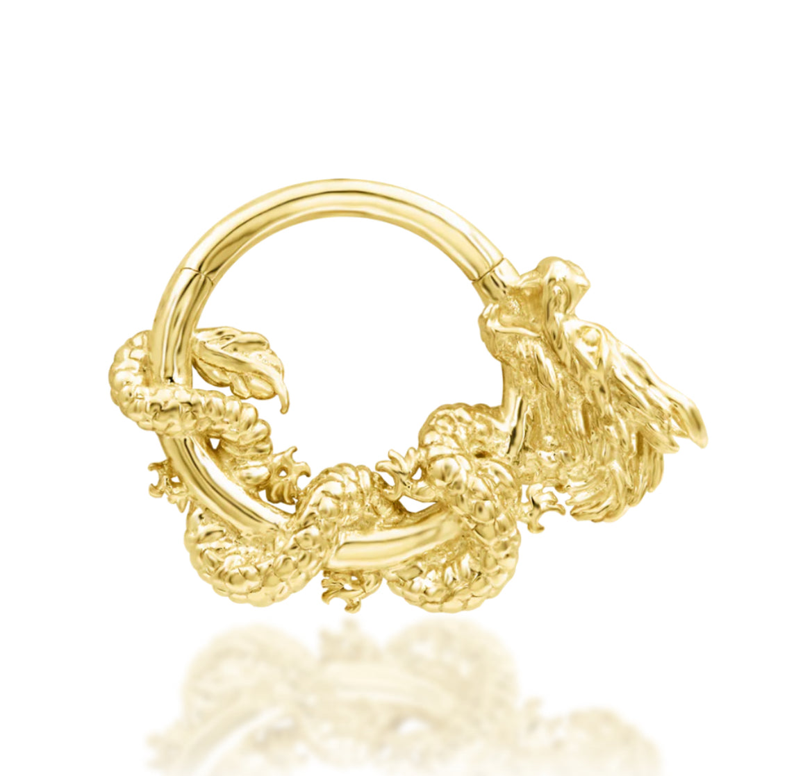 Solid gold dragon daith ring in 14k yellow gold, featuring the intricately detailed Junipurr Azure design.