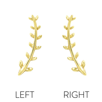 Solid gold fern leaf earring in 14k yellow gold, featuring the elongated Junipurr Florence botanical design.
