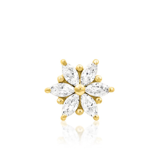 Solid gold flower cartilage earring in 14k yellow gold with six marquise-cut clear CZ petals.