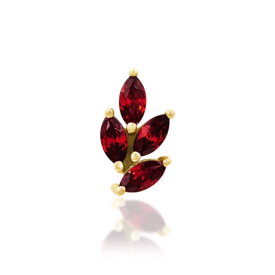 Solid gold garnet flower earring in 14k yellow gold with four dark red marquise CZ petals.