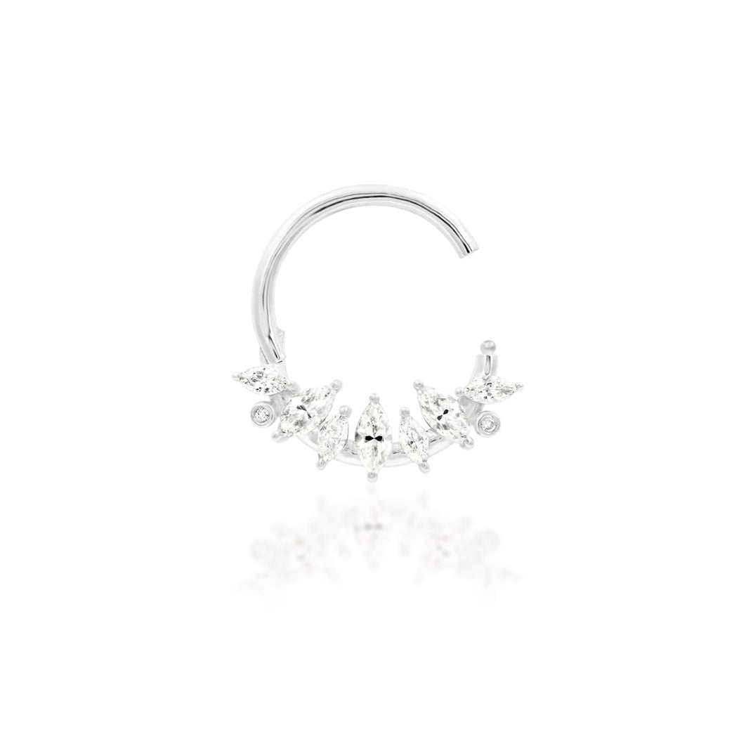 Solid gold gemstone clicker in white gold with marquise-cut cubic zirconia.