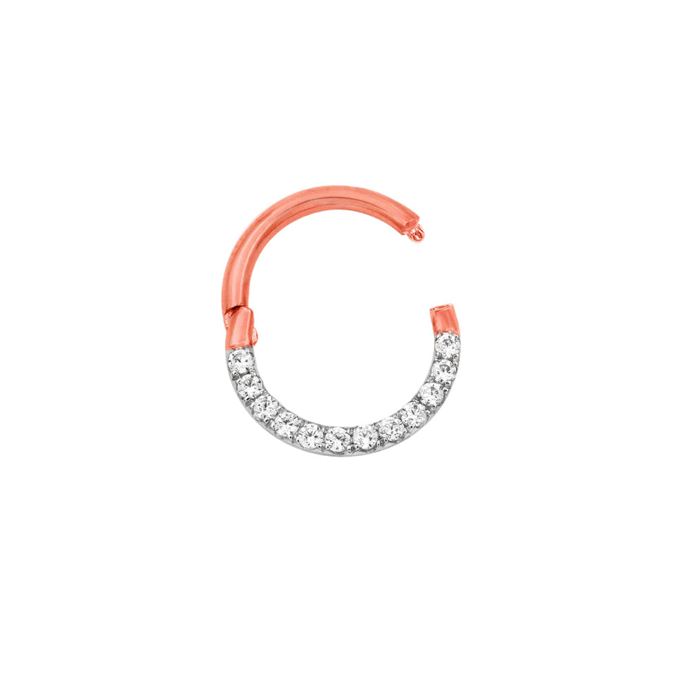 Solid gold gemstone hoop in rose gold, set with a refined row of 1mm clear cubic zirconia.