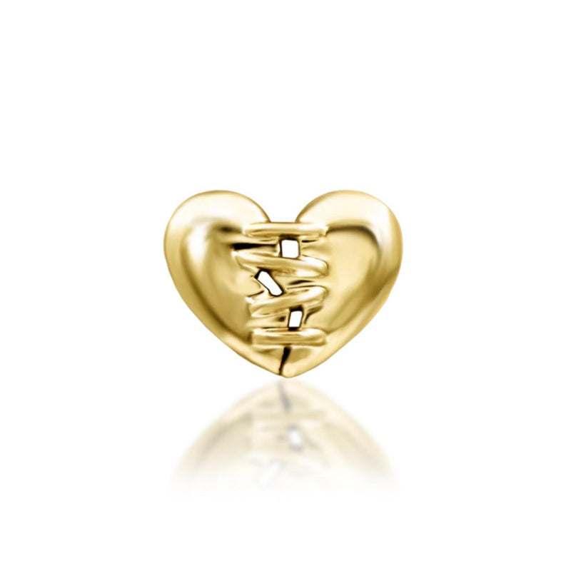 Solid gold heart helix earring with a polished finish and delicate stitched detailing through the centre