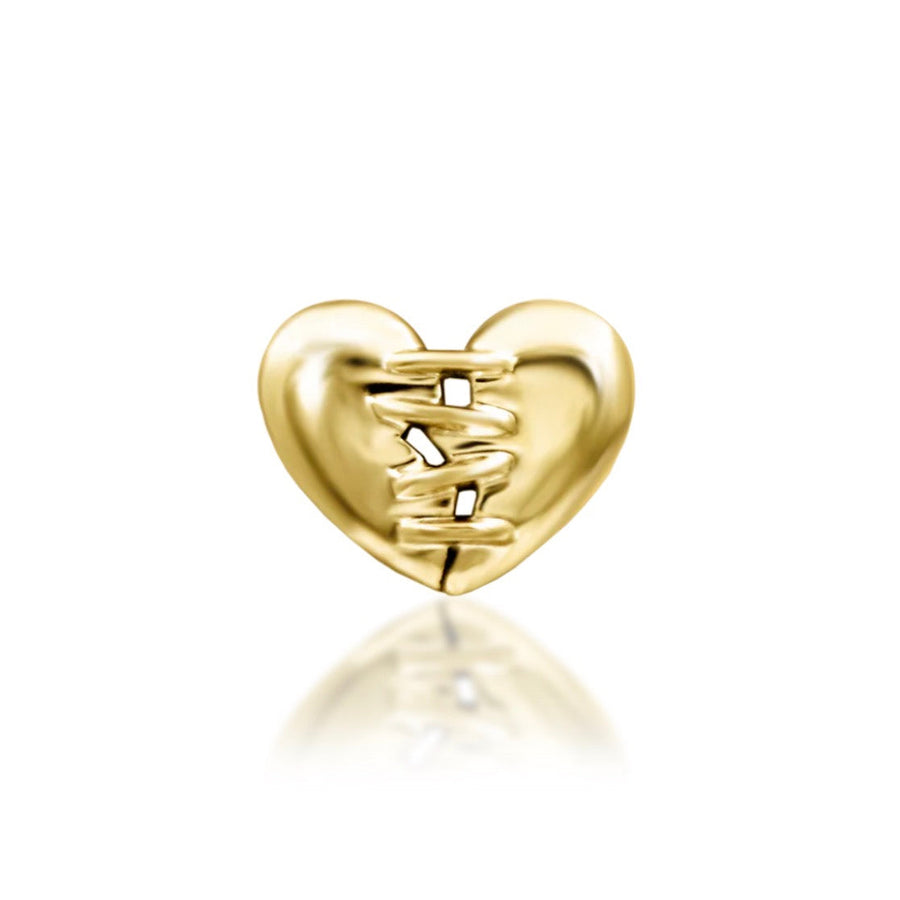Solid gold heart helix earring with a polished finish and delicate stitched detailing through the centre