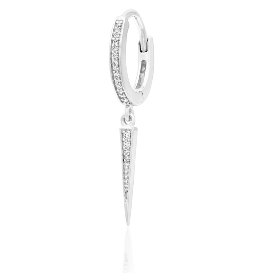 Solid gold helix hoop in 14k white gold with cubic zirconia and a suspended spike charm.