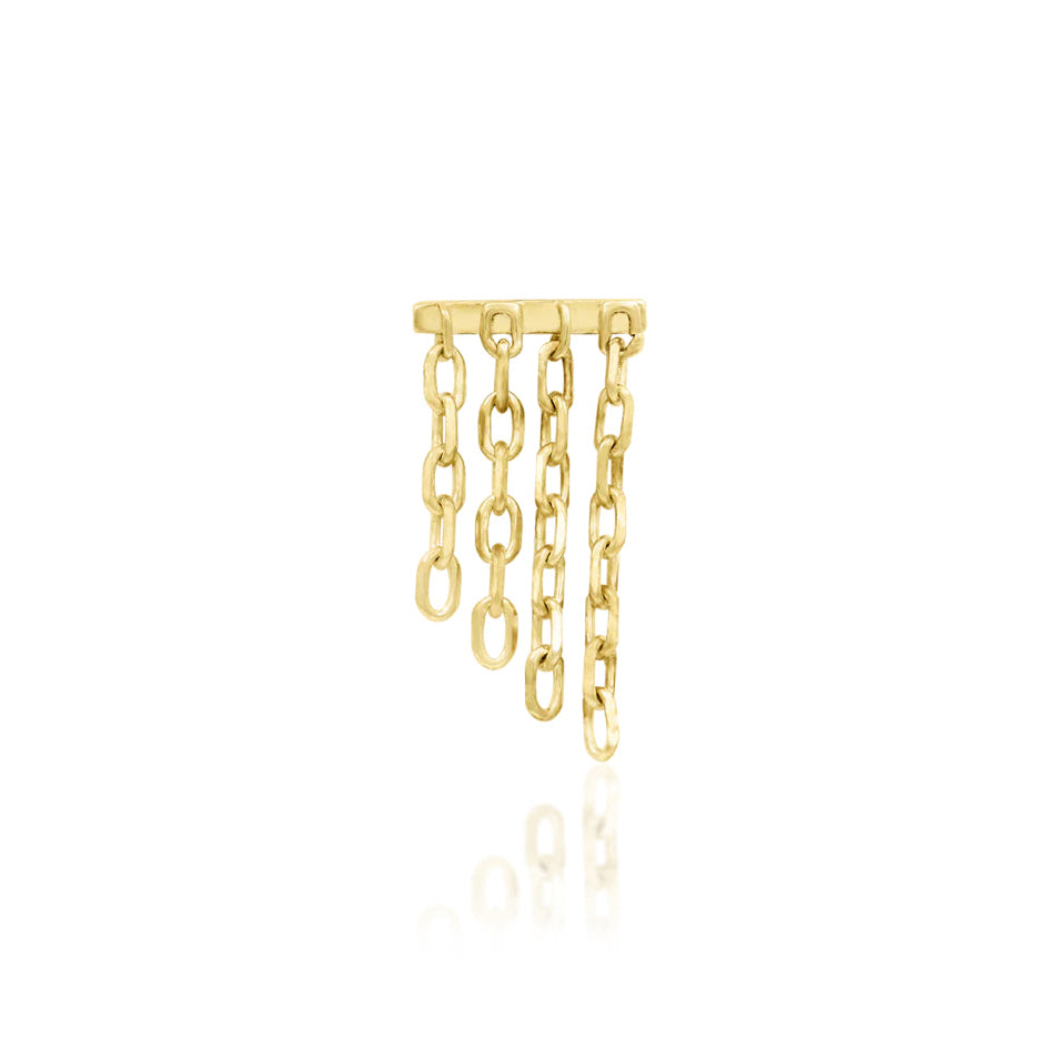 Solid gold hidden helix chain earring in 14k yellow gold with a fine cascading chain design.