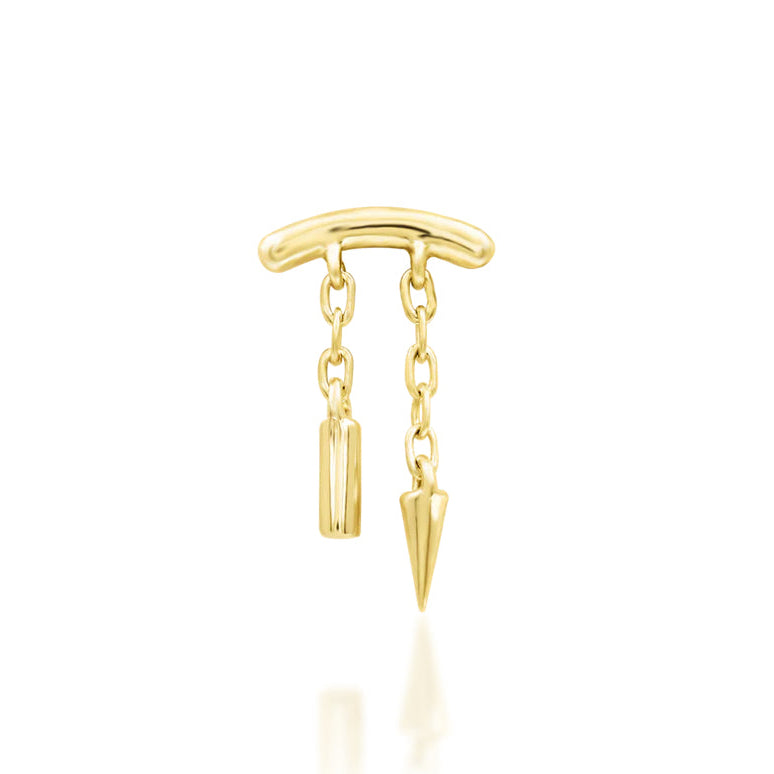 Solid gold hidden helix chain earring in 14k yellow gold with a sleek bar and delicate double-chain drop.
