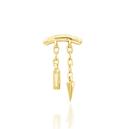 Solid gold hidden helix chain earring in 14k yellow gold with a sleek bar and delicate double-chain drop.
