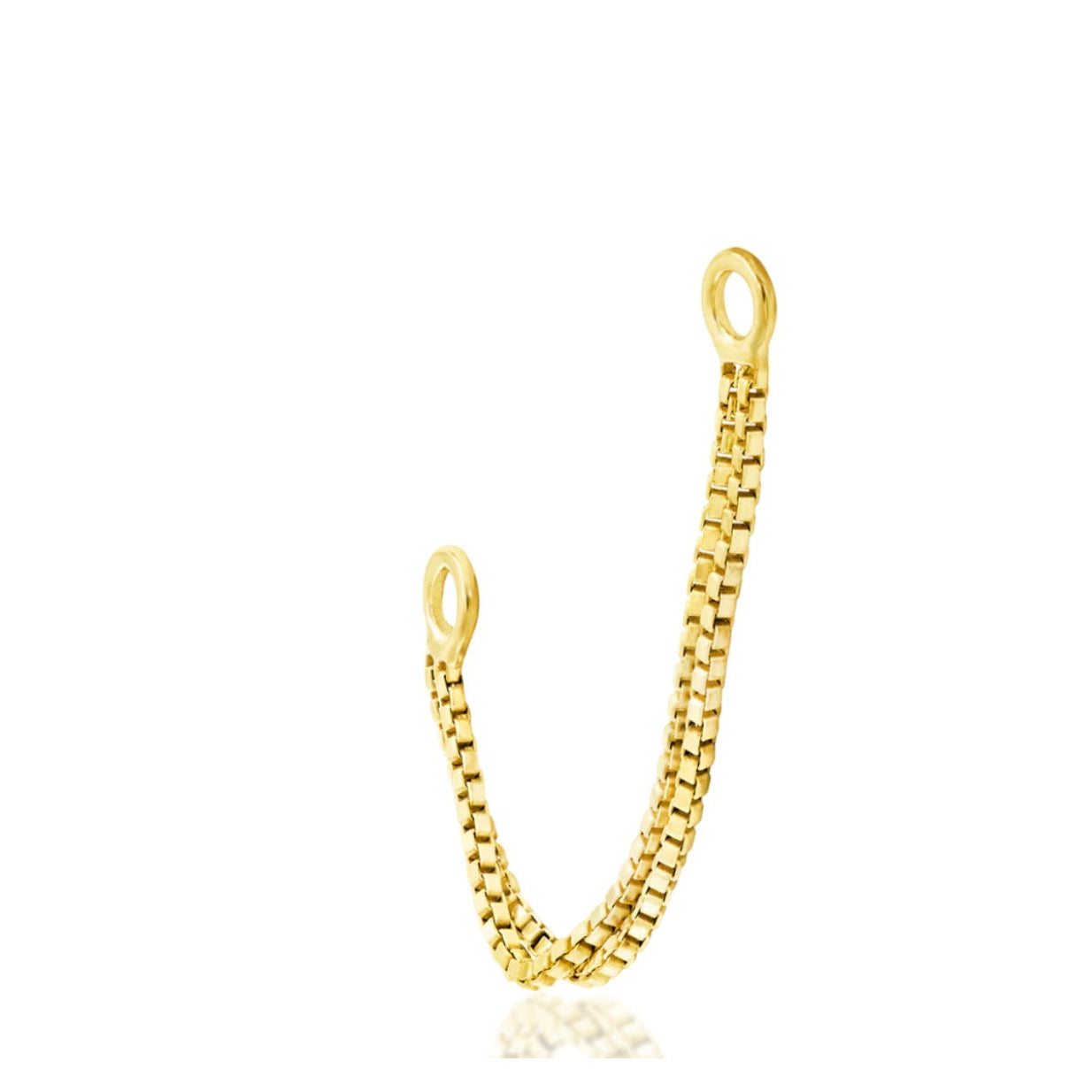Yellow gold industrial piercing connector featuring two structured box chains