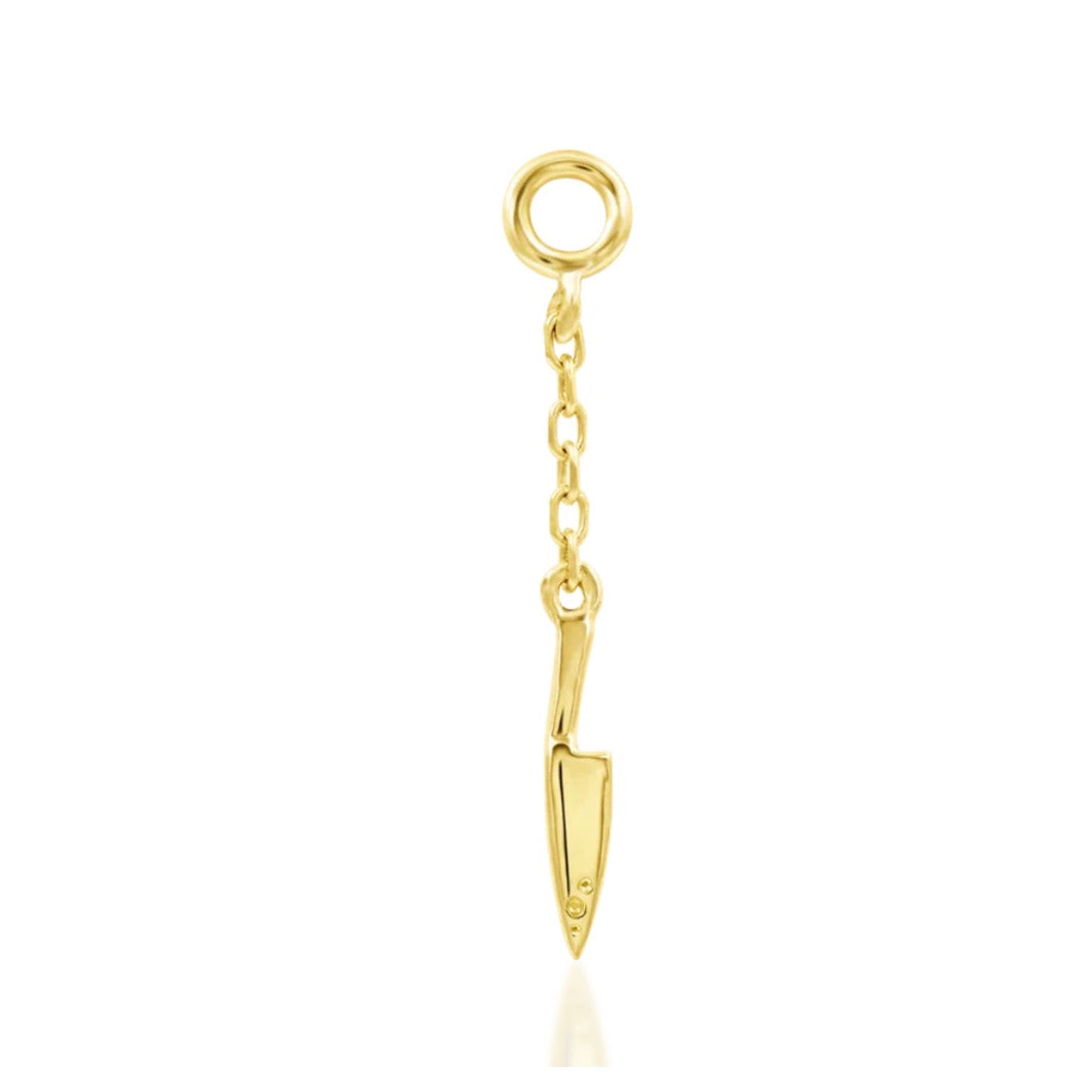 Solid gold knife piercing charm in 14k yellow gold with a polished kitchen knife silhouette and fine chain.