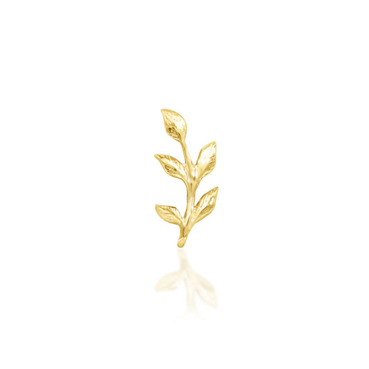 Solid gold leaf branch earring in 14k yellow gold, featuring the textured botanical design of Junipurr Aspen.
