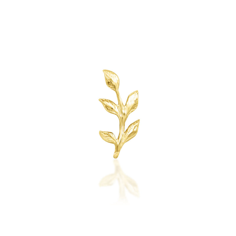 Solid gold leaf branch earring in 14k yellow gold, featuring the textured botanical design of Junipurr Aspen.
