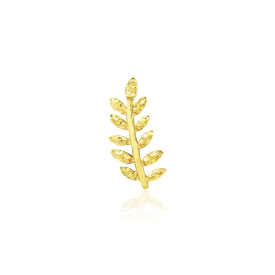 Solid gold leaf earring in 14k yellow gold, featuring the curved botanical design of Junipurr Willow.