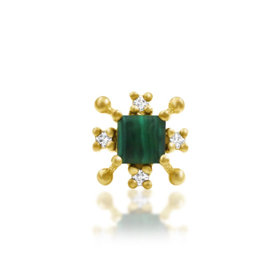 Solid gold malachite cartilage earring in 14k yellow gold with natural green stone and white CZ accents.