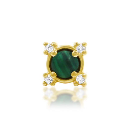 Solid gold malachite cartilage earring in 14k yellow gold with genuine green stone and white CZ accents.