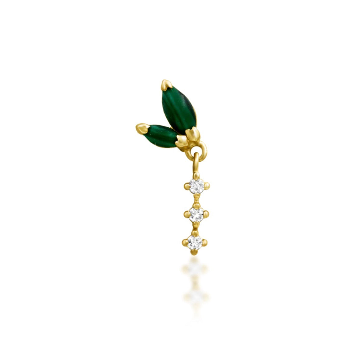 Solid gold malachite dangle earring in 14k yellow gold with genuine green gemstones and white CZ accents.