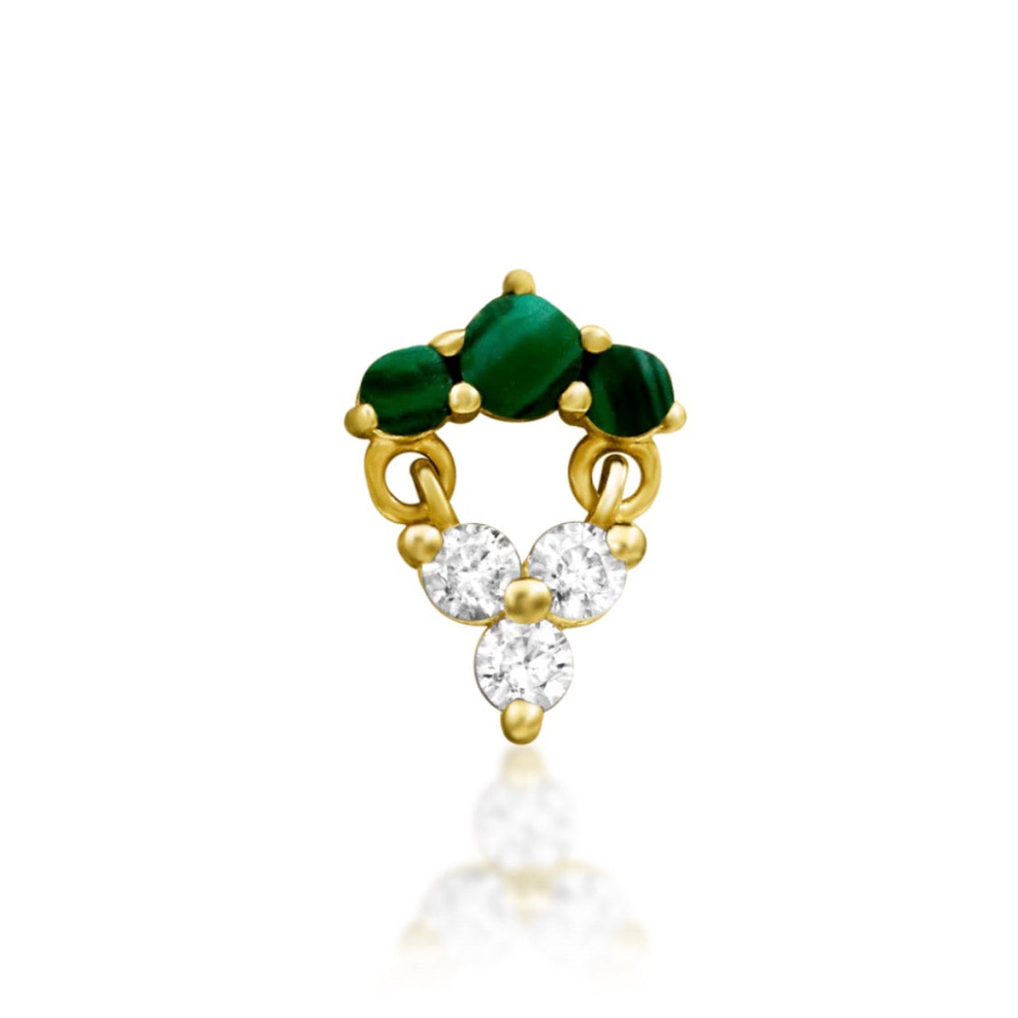 Solid gold malachite earring in 14k yellow gold with genuine green gemstones and white cubic zirconia.