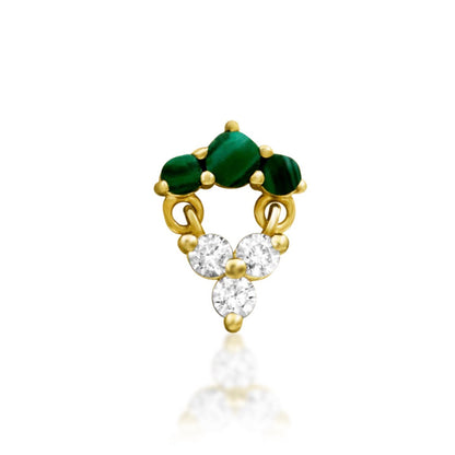Solid gold malachite earring in 14k yellow gold with genuine green gemstones and white cubic zirconia.