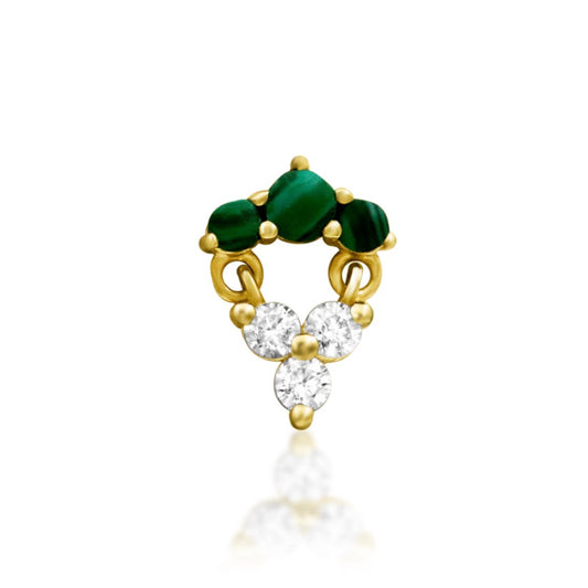 Solid gold malachite earring in 14k yellow gold with genuine green gemstones and white cubic zirconia.