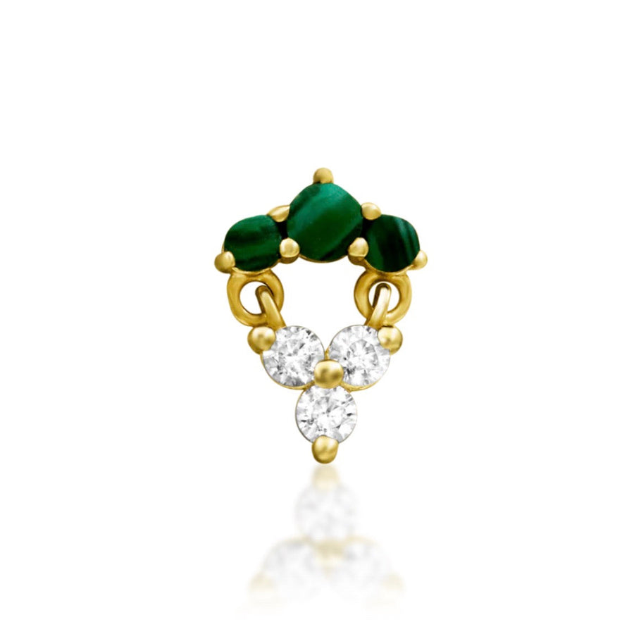 Solid gold malachite earring in 14k yellow gold with genuine green gemstones and white cubic zirconia.
