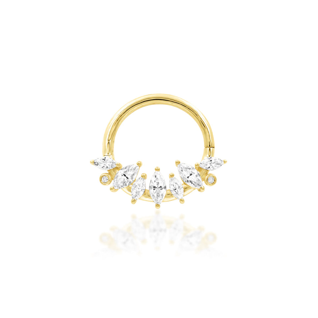 Solid gold marquise CZ daith ring in 14k yellow gold with a fan of sparkling cubic zirconia.