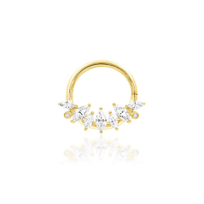Solid gold marquise CZ daith ring in 14k yellow gold with a fan of sparkling cubic zirconia.