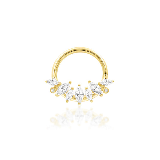 Solid gold marquise CZ daith ring in 14k yellow gold with a fan of sparkling cubic zirconia.