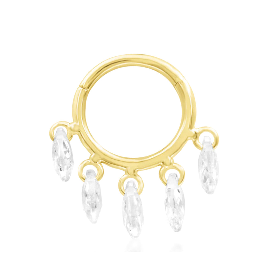 Solid gold marquise daith ring in 14k yellow gold featuring five white marquise cubic zirconia.