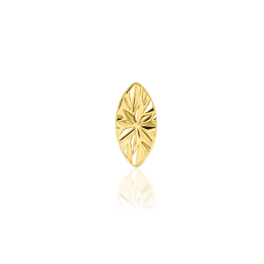 Solid gold marquise earring in 14k yellow gold, featuring the engraved Junipurr Laser Marquise design.

