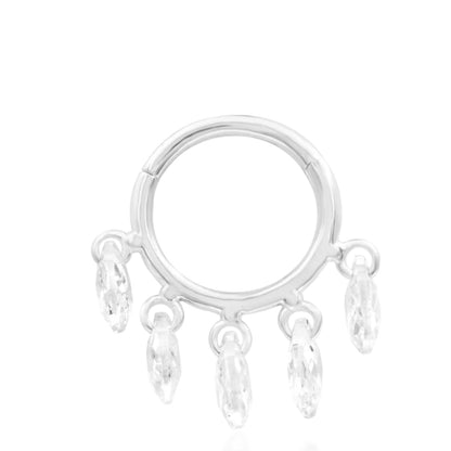 Solid gold septum ring in white gold featuring Junipurr Sia’s marquise gemstone design.