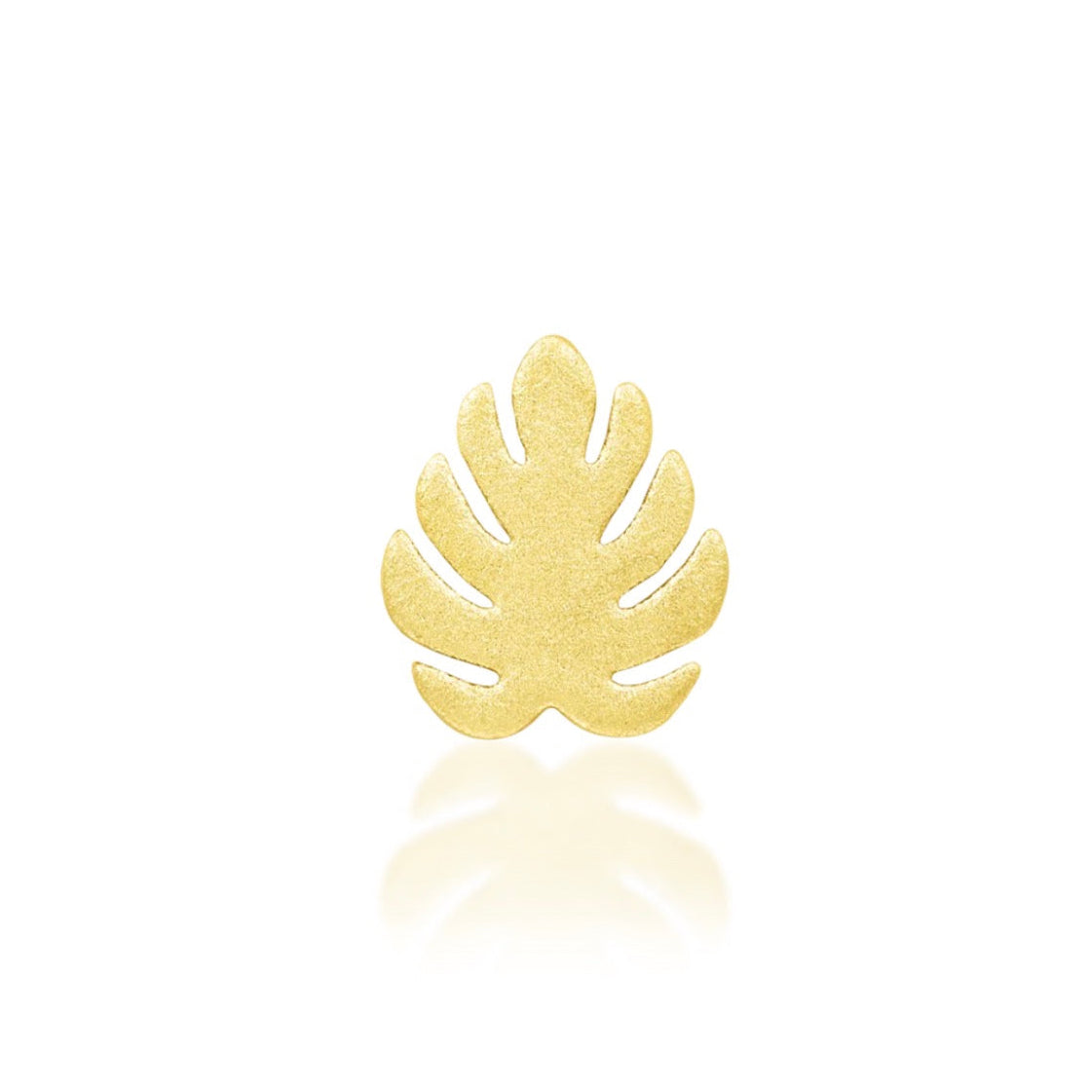 Solid gold monstera leaf cartilage earring in 14k yellow gold with a softly sandblasted matte finish.