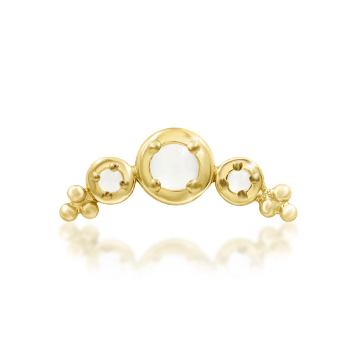 Solid gold moonstone helix earring in 14k yellow gold, featuring Junipurr Envee’s curved three-stone design.