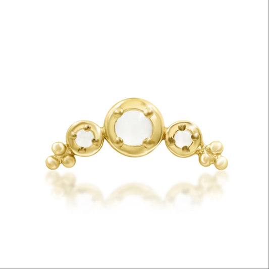 Solid gold moonstone helix earring in 14k yellow gold, featuring Junipurr Envee’s curved three-stone design.