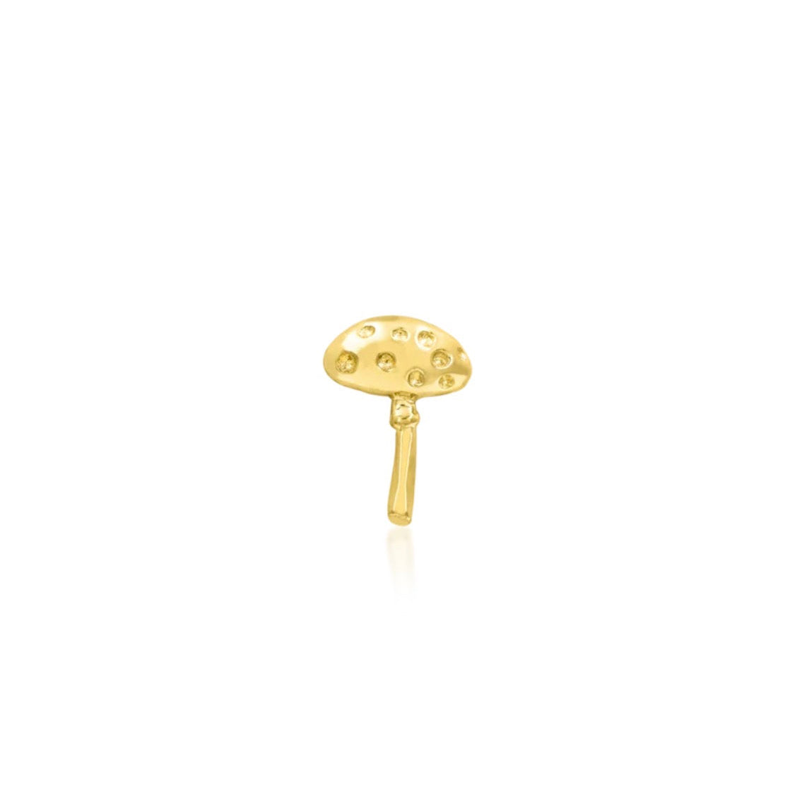 Solid gold mushroom cartilage earring in 14k yellow gold featuring Junipurr Dotty’s Friend Spotty.