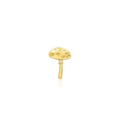 Solid gold mushroom cartilage earring in 14k yellow gold featuring Junipurr Dotty’s Friend Spotty.