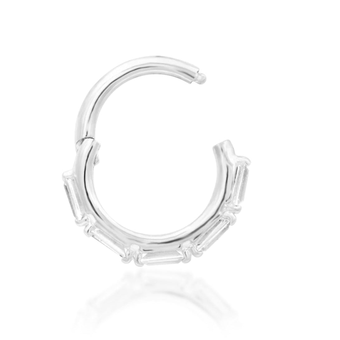 Solid gold nose ring in white gold with clear baguette CZ stones facing forwards across the clicker.