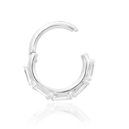Solid gold nose ring in white gold with clear baguette CZ stones facing forwards across the clicker.