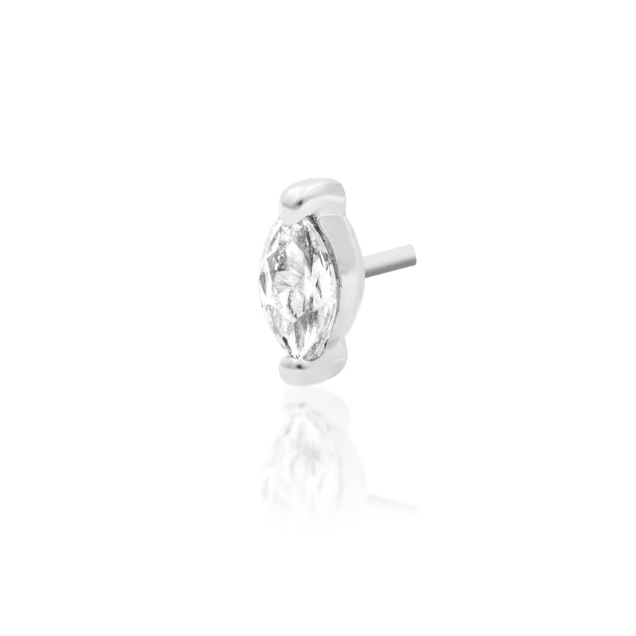 text: Solid white gold nose stud featuring a prong-set marquise gemstone