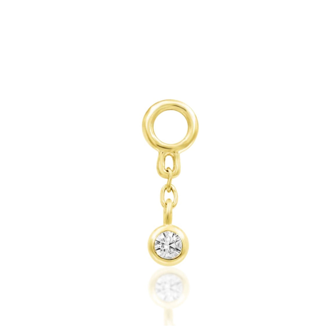 Solid gold piercing charm in 14k yellow gold with a delicate chain and bezel-set cubic zirconia drop.